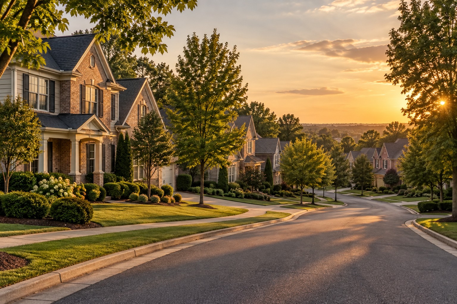 An upscale Charlotte North Carolina neighborhood street at golden hour, illustrative