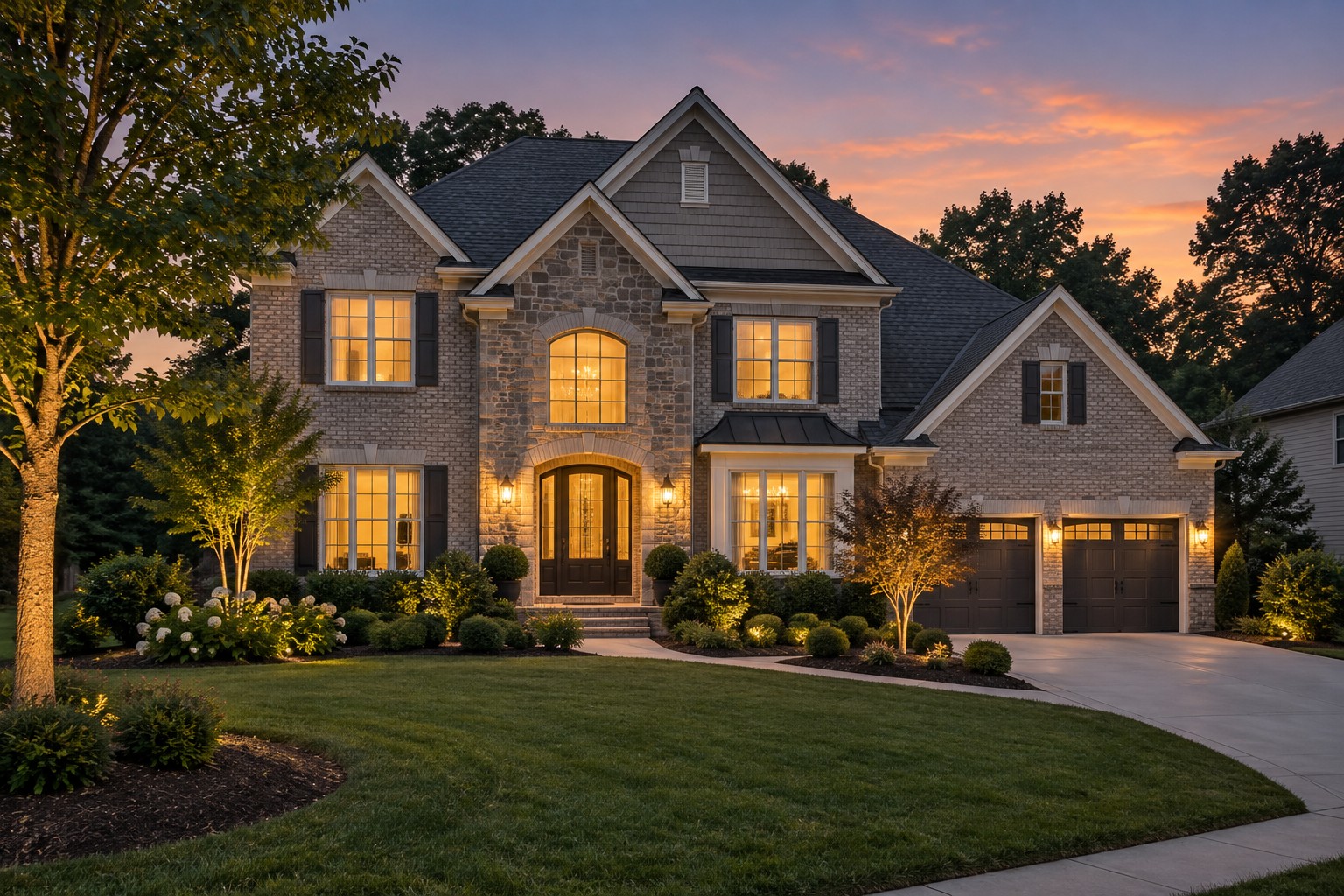 An upscale Charlotte North Carolina home exterior at dusk, illustrative