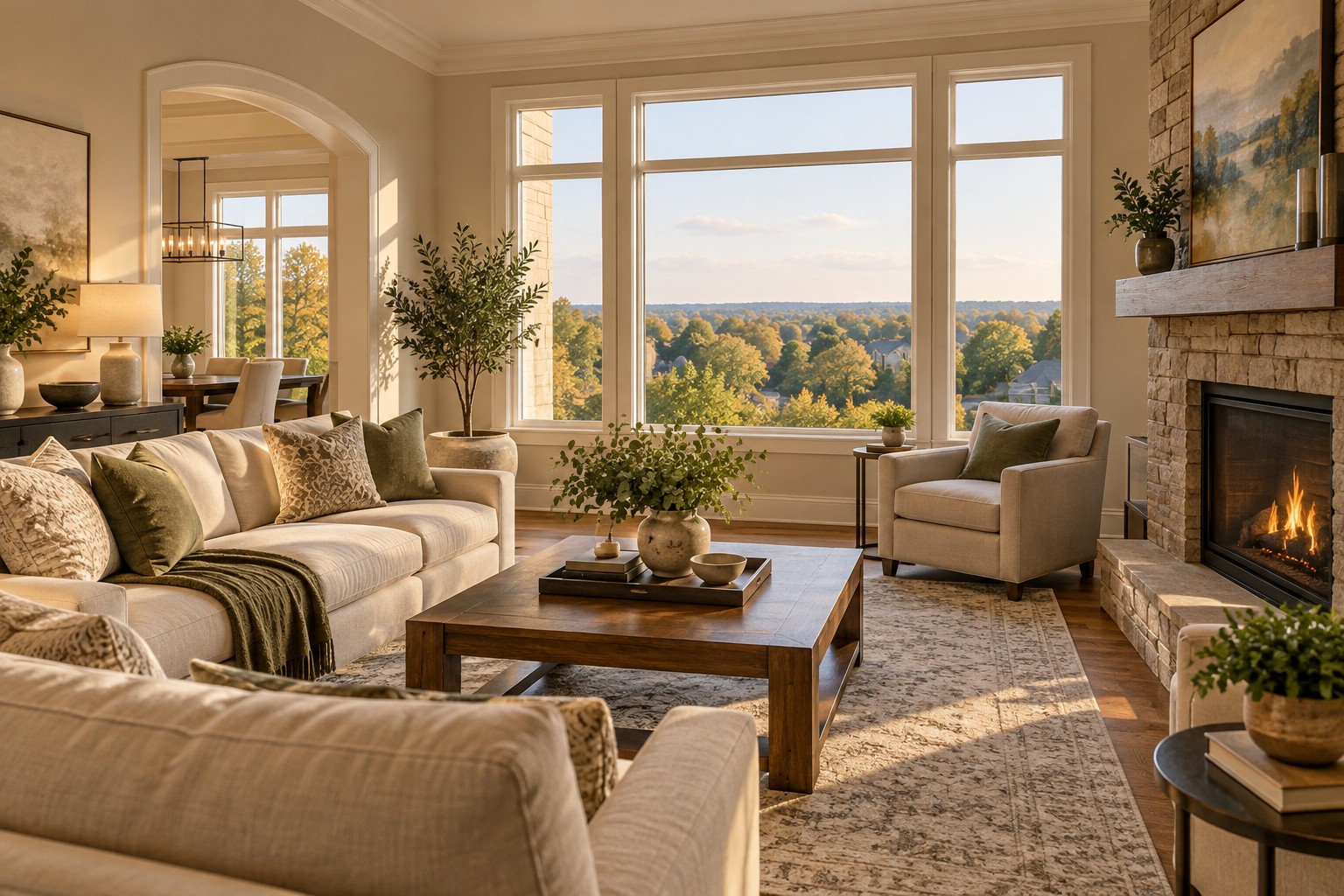 A cozy Charlotte North Carolina living room, illustrative